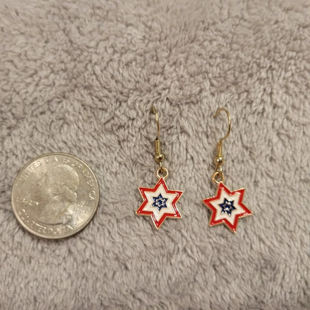 USA 6 Point Star Flag Earrings Patriotic July 4th Dangle Drop Women Jewelry E56E